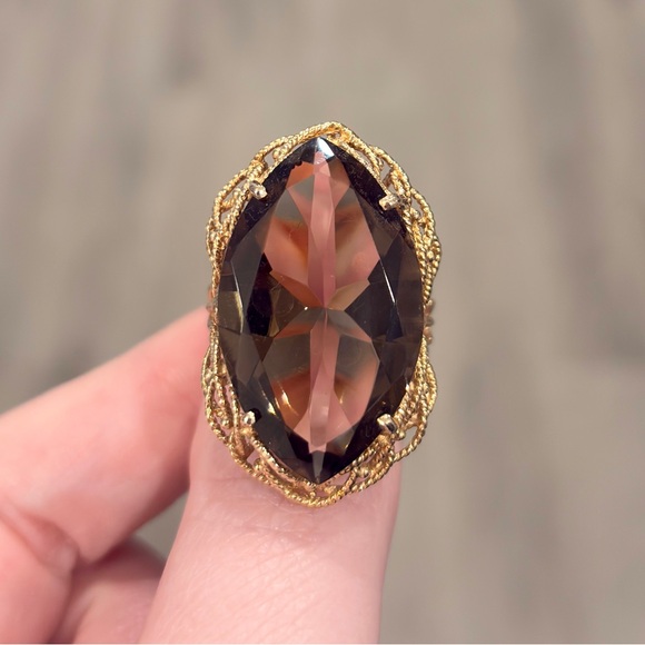 Vintage 10K Filigree Smoky Quartz Ring: Huge Marquis Bold Braided Gold Size 10.5 - Picture 3 of 11